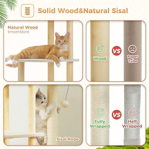 Large Beige Wooden Cat Tree with Scratching Posts J544974