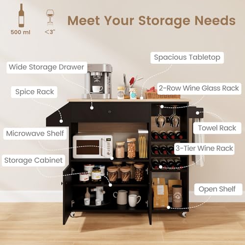 Rolling Kitchen Island Cart with Drop Leaf, Power Outlet, Spice Rack, 12 Wine Rack, Drawer, Storage Cabinet, Rustic Brown M132