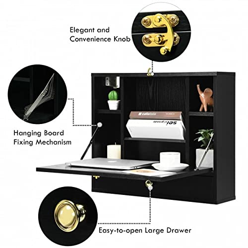 Black Wall Mounted Floating Desk with Drawer & Shelves P60923