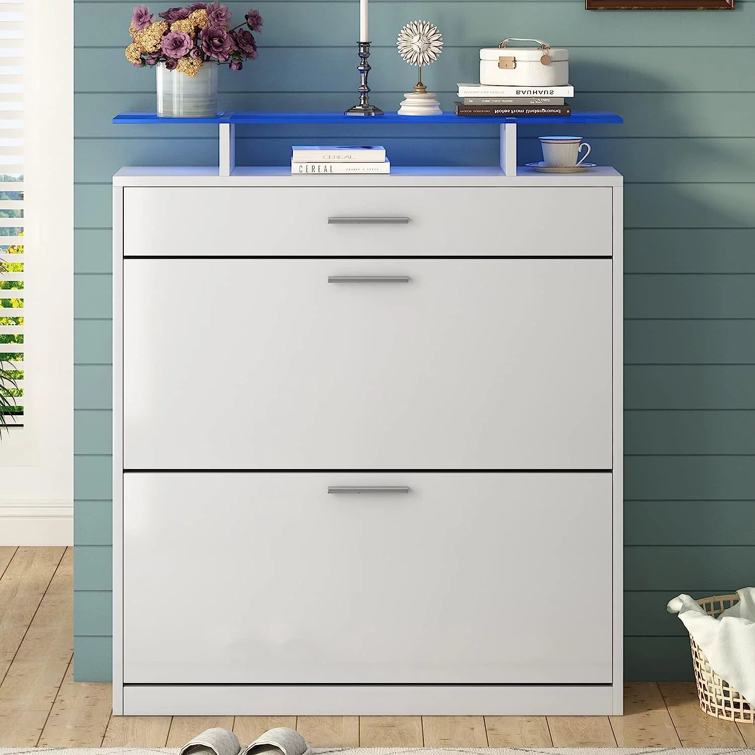 Black Slim Shoe Cabinet with 2 Flip Drawers and Tempered Glass Top G577