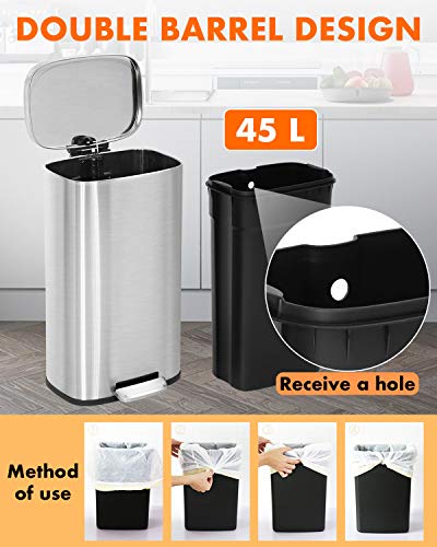 60 Liter Stainless Steel Step Trash Can with Inner Buckets and Hinged Lids O942