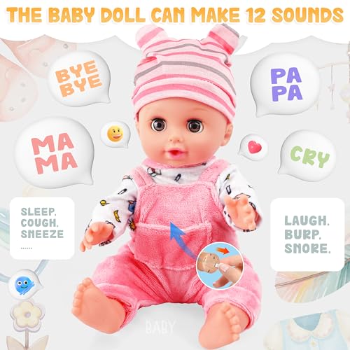 14 Inch Doll Playset with Carrier Bassinet Bed, Feeding Set, Doll Clothes F8132