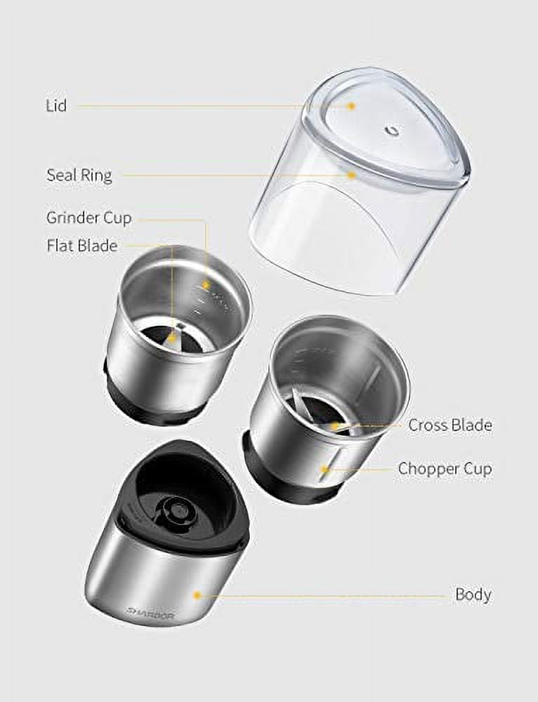 Silver Electric Coffee Grinder with 2 Removable Stainless Steel Bowls J898