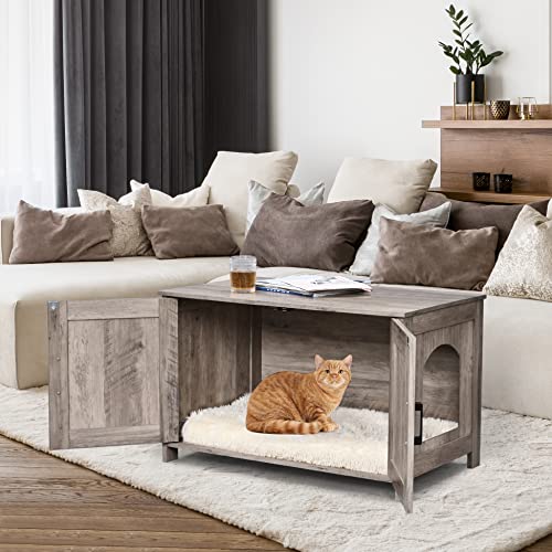 39.4" L Wooden Cat Litter Box Enclosure with Barn Door, Greige T89879