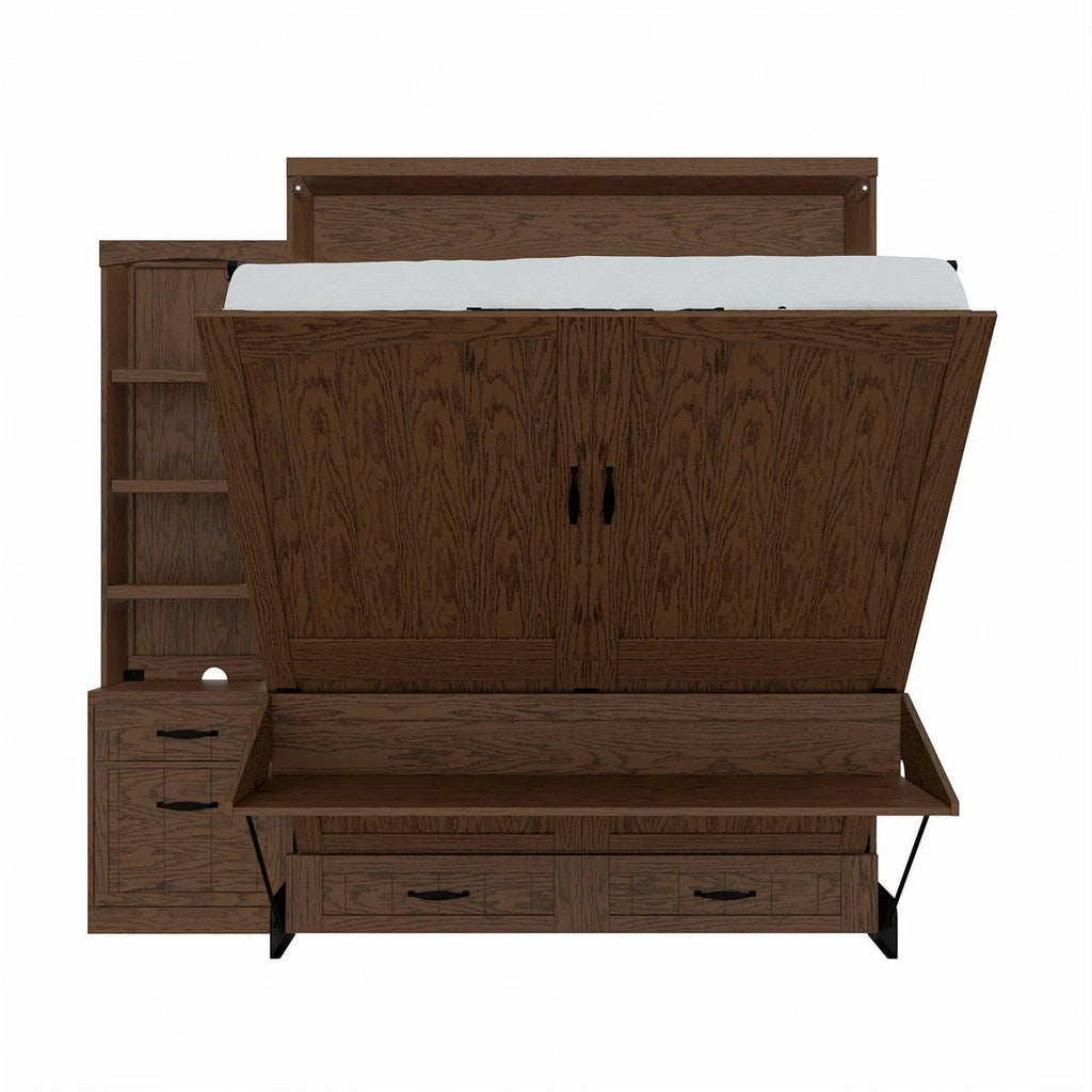 Brown Wood Queen Murphy Wall Desk Bed with Shelf Storage Y315