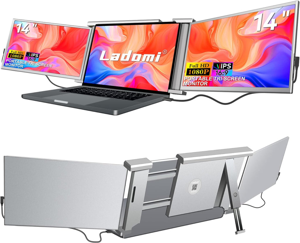 14" Triple Laptop Screen Extender FHD 1080P IPS Portable Monitor Gray K287433