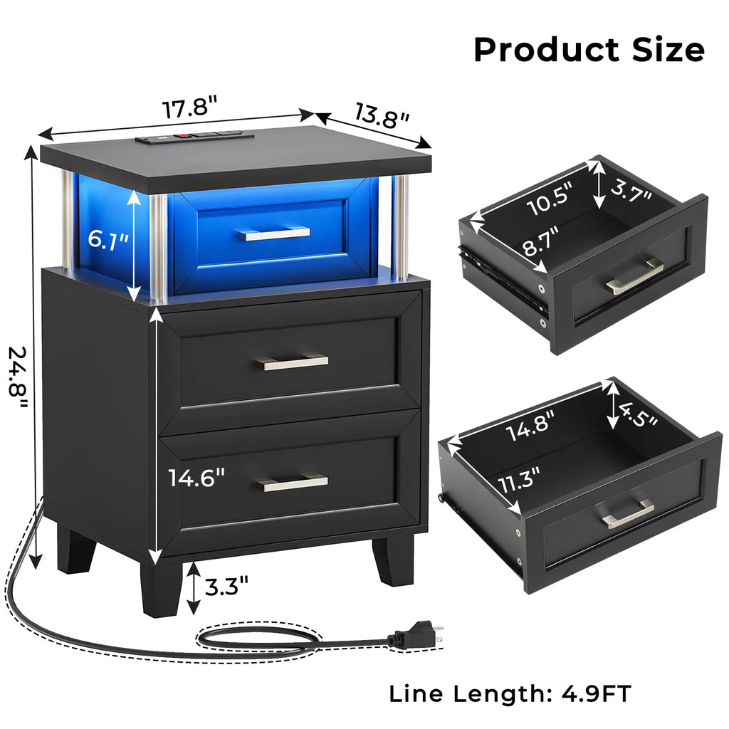 Black LED Nightstand Set of 2 with 3 Drawer U301