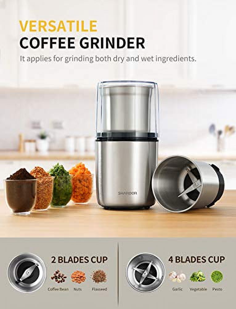 Silver Electric Coffee Grinder with 2 Removable Stainless Steel Bowls J898