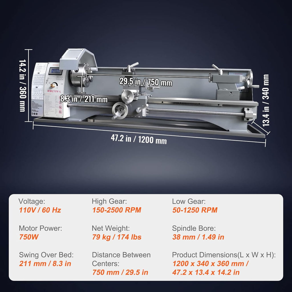 8.3'' x 29.5'' Precision Benchtop Metal Lathe with Tool Box W490