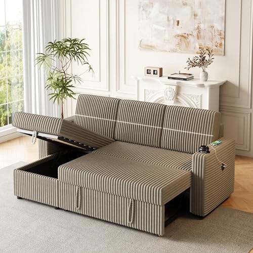 85'' L-Shaped Corduroy Sleeper Sofa with Storage Chaise J59871