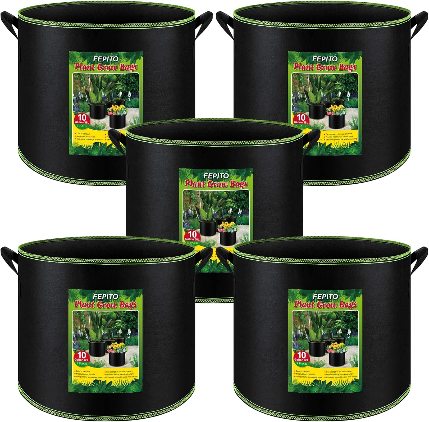 5 Pack 10 Gallon Heavy Duty Aeration Fabric Grow Bags with Handles I37777