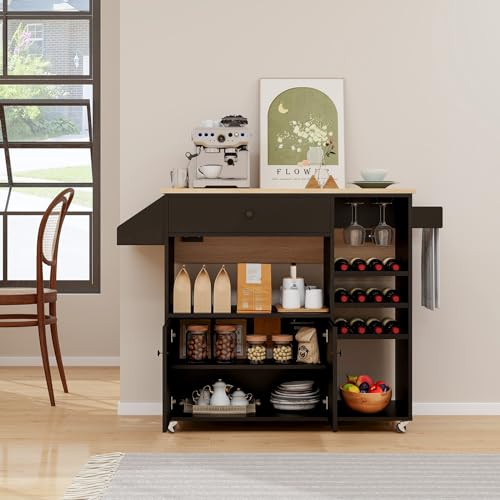 Rolling Kitchen Island Cart with Drop Leaf, Power Outlet, Spice Rack, 12 Wine Rack, Drawer, Storage Cabinet, Rustic Brown M132