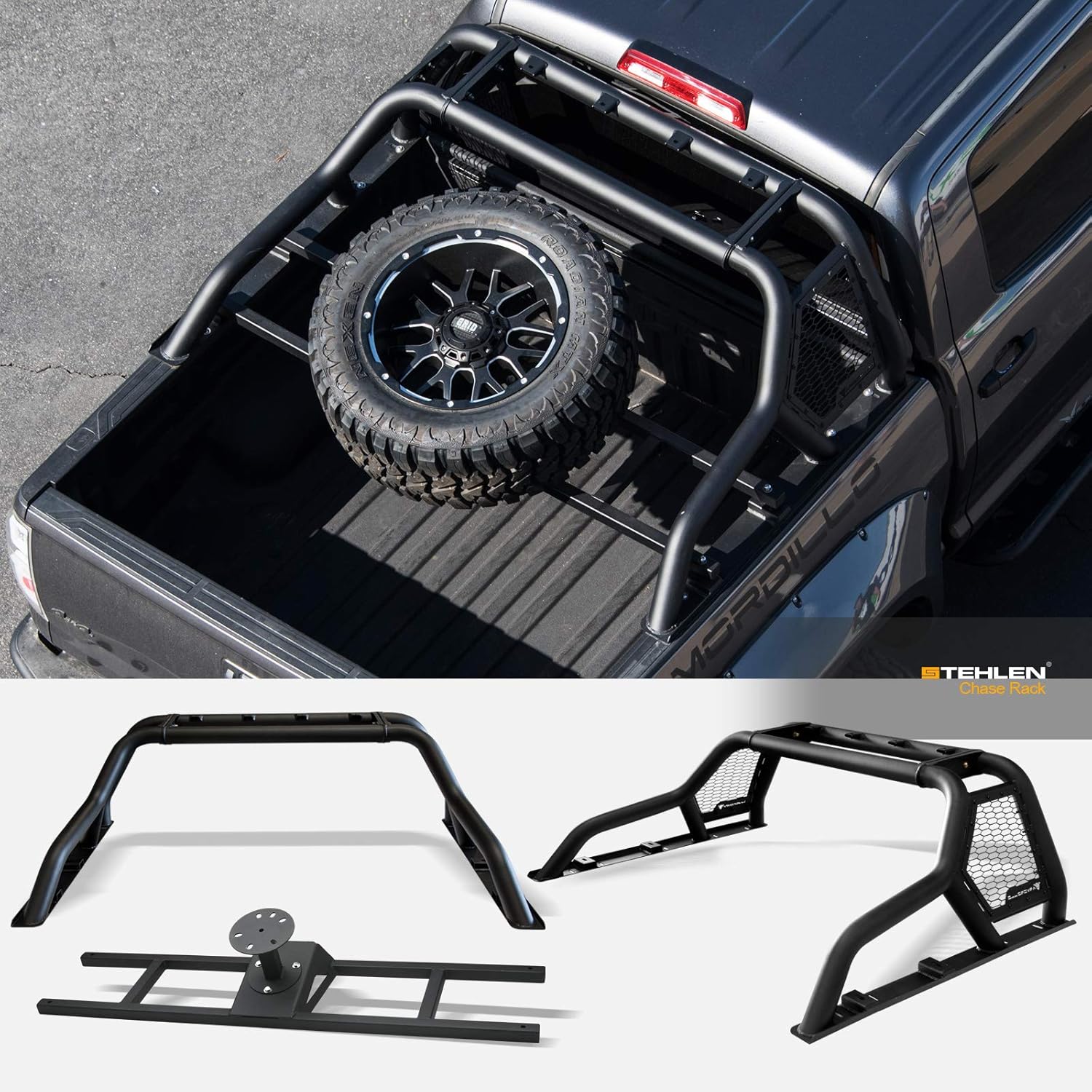 Matte Black Truck Bed Roll Bar with Tire Carrier U739709