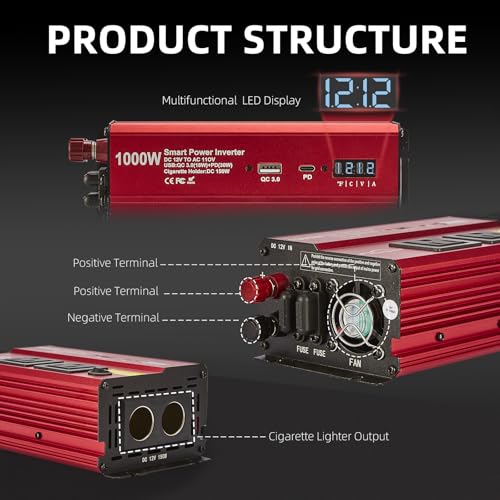 1000w 12v DC to 110v Power Inverter with Dual AC Outlets USB and Type-C F44029