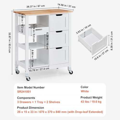 White 26 inch Wood Top Mobile Kitchen Island Cart with 3 Drawers and Shelves Y1844