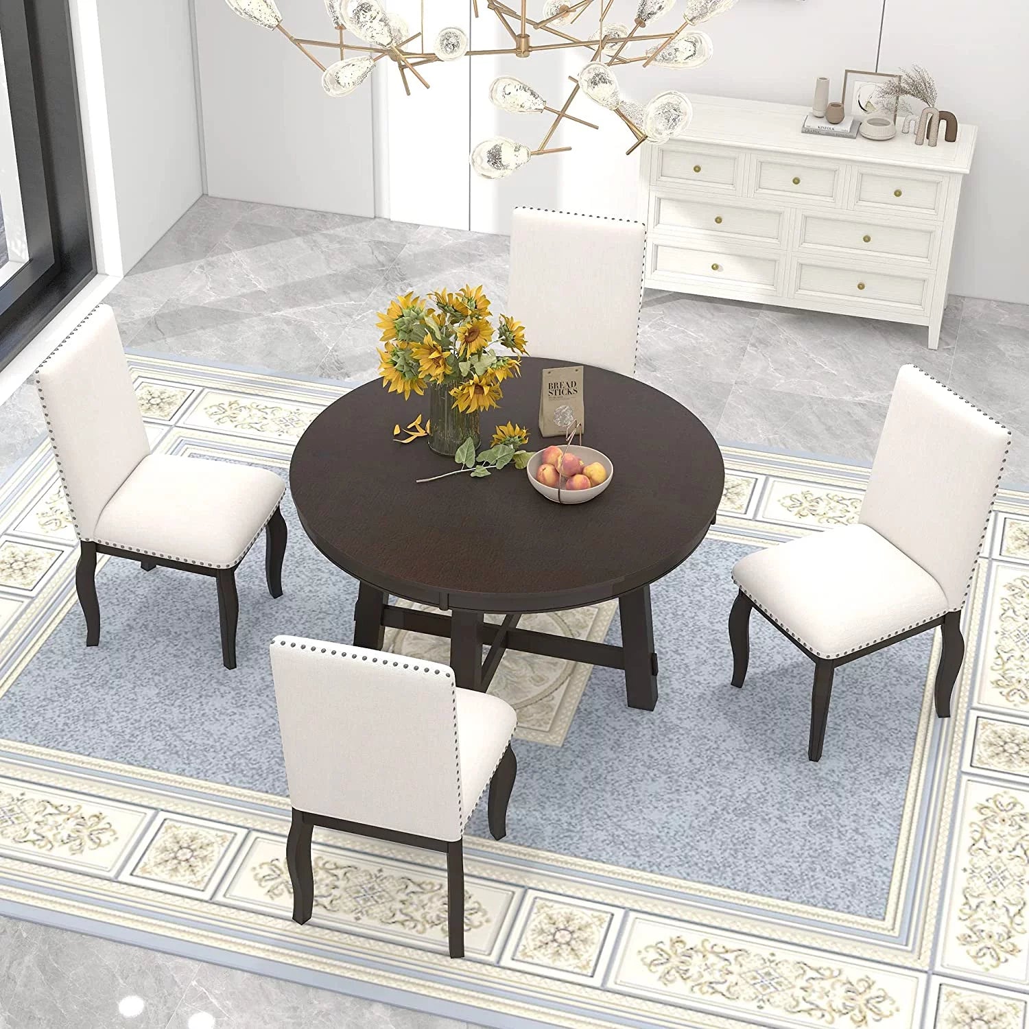 5-Piece Round Dining Table and Upholstered Chair Set with Shelf L2644