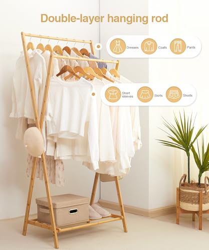 Bamboo Clothes Rack with Storage Shelf, Foldable Wardrobe Storage Rack (Natural) Z551579