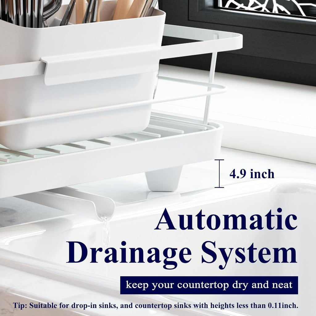 White Stainless Steel Dish Drying Rack with Cutlery Holder O8755
