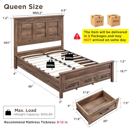 Antique Brown King Size Wood Platform Bed Frame with Headboard and Storage Drawers F960