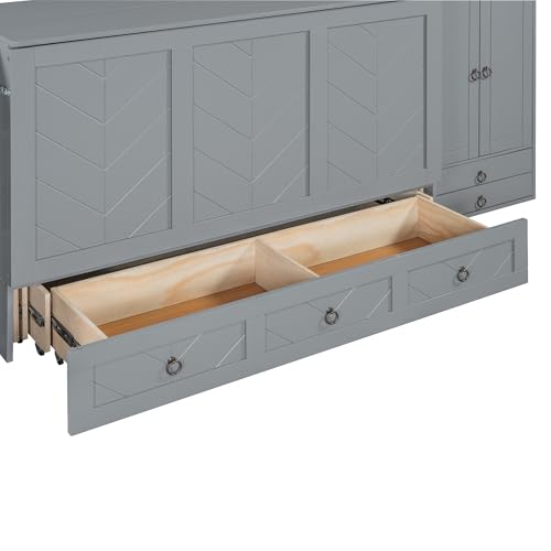 White Solid Pine Queen Size Murphy Bed with USB and Drawers I48089