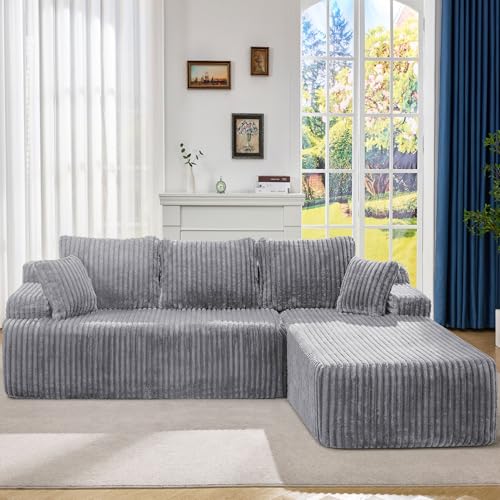 Grey Stripe L-Shape 3 Seat Modular Sectional Sofa with Oversized Chaise N10789