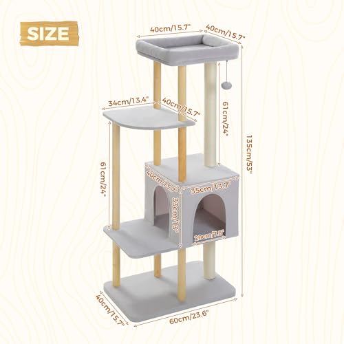 Large Beige Wooden Cat Tree with Scratching Posts J544974