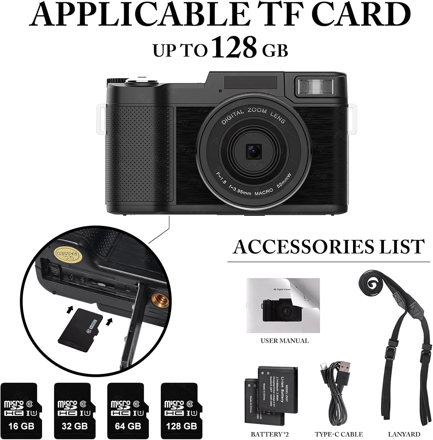 48MP 4K Digital Camera with 16X Digital Zoom Macro Camera, 3’’180°Flip Screen Compact Video Camera with Liftable Flash, SD Card&2 Batteries O308637