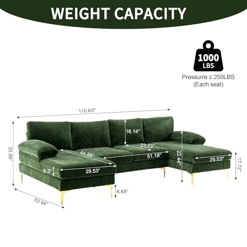 Green Chenille 4 Seater U-Shaped Sectional Couch with Double Chaises and Metal Legs H49716