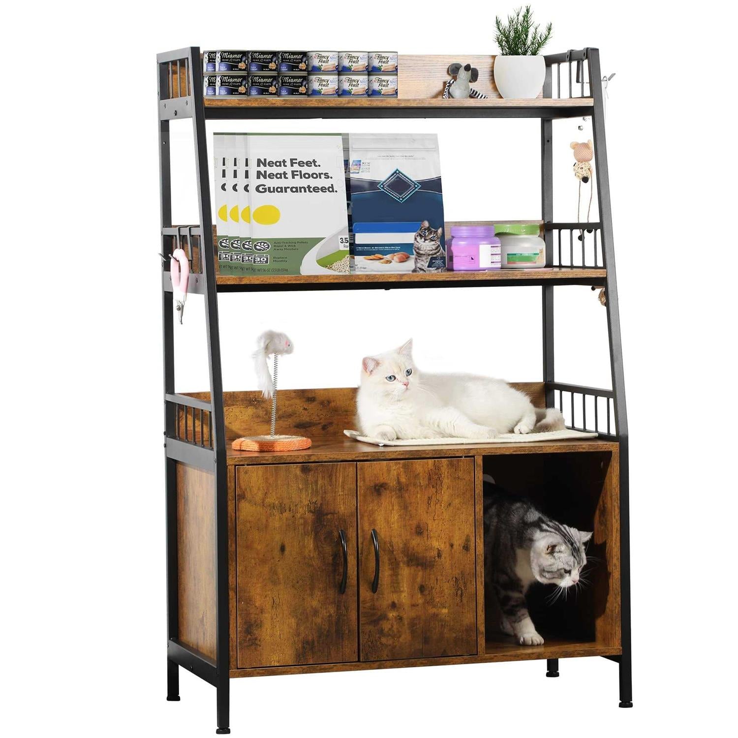 Cat Litter Box Enclosure with Storage Shelves Wooden Large Litter Box Furniture L54116