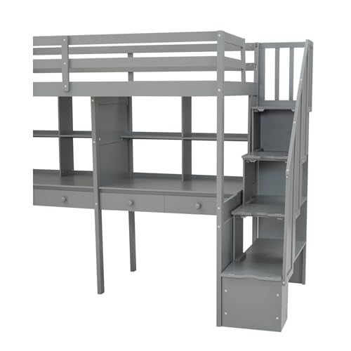 White Twin Size Wood Loft Bed with Storage Stairs and Double Desks D17316