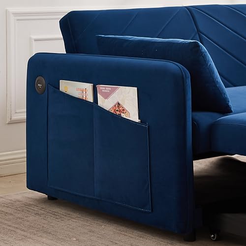 Blue Velvet 55 Inch Sleeper Sofa with Pull-Out Bed X27447