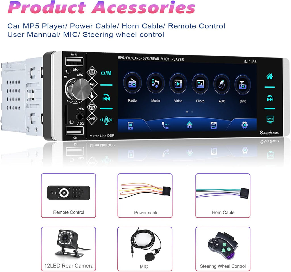 Single Din 5.1 Inch Touchscreen Car Stereo with Carplay Android Auto Bluetooth DVR FM RDS AM Tuner USB SD Aux SWC Microphone Backup Camera Q82685