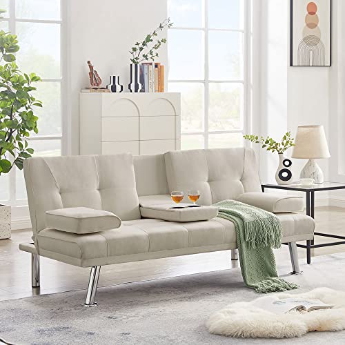 Beige PU Leather Convertible Folding Futon Sofa Bed Y450