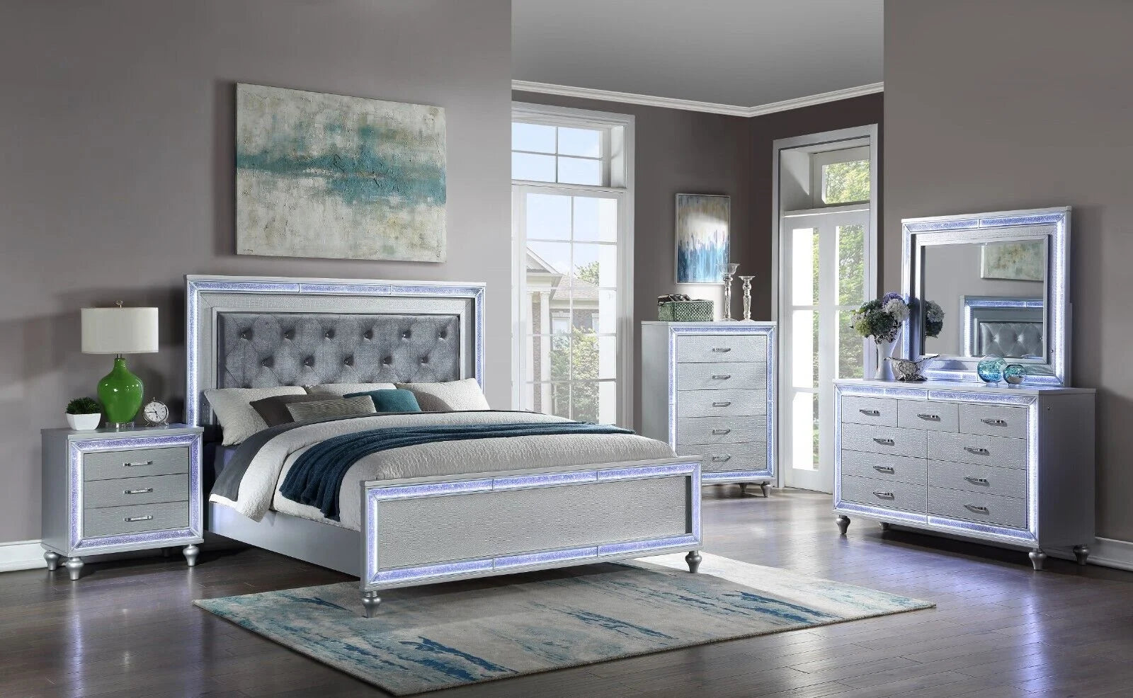 4pc King Size Upholstered Bed Dresser Mirror Nightstand Wooden Set Silver Finish R812