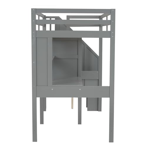White Twin Size Wood Loft Bed with Storage Stairs and Double Desks D17316