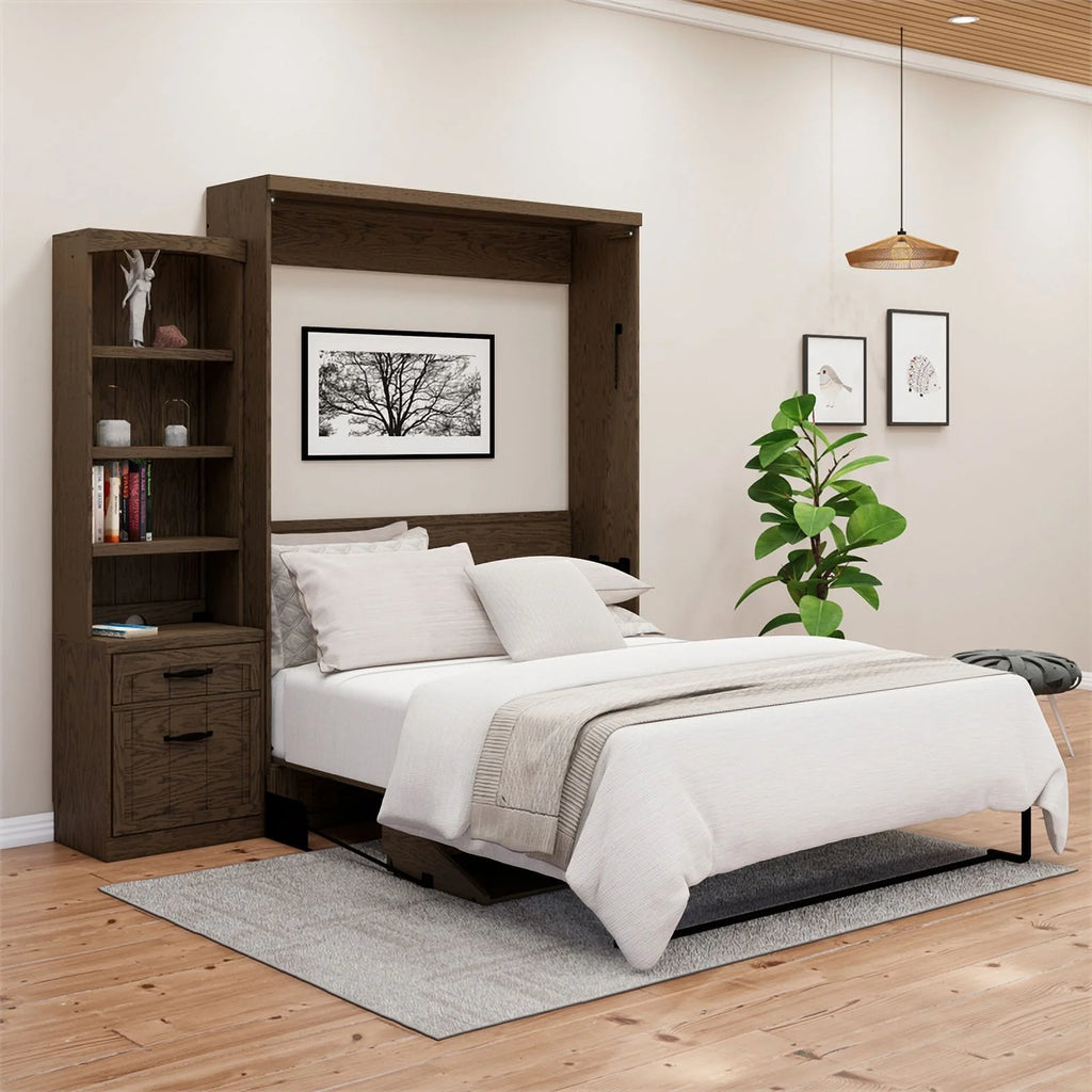 Brown Wood Queen Murphy Wall Desk Bed with Shelf Storage Y315