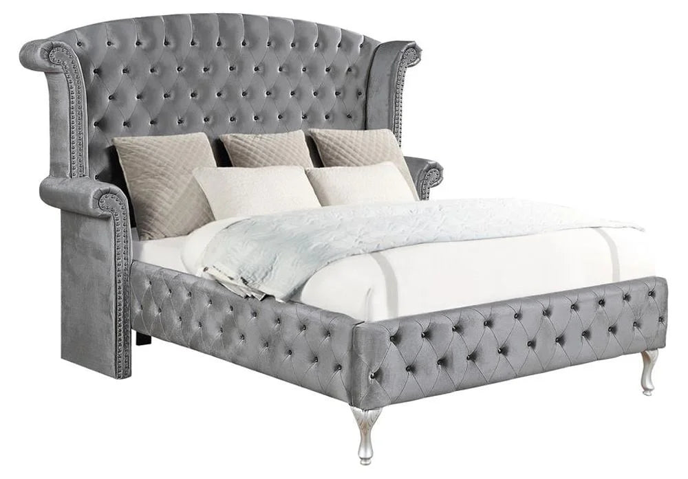 Gray Tufted Velvet Upholstered King Bed L83289