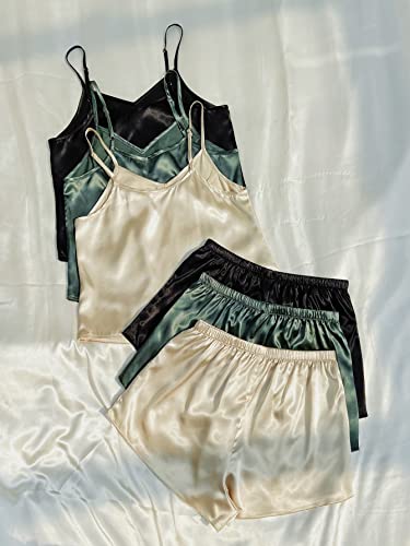 3 Sets Silk Satin Pajama Set Sleeveless V Neck Crop Cami Top and Shorts J31621