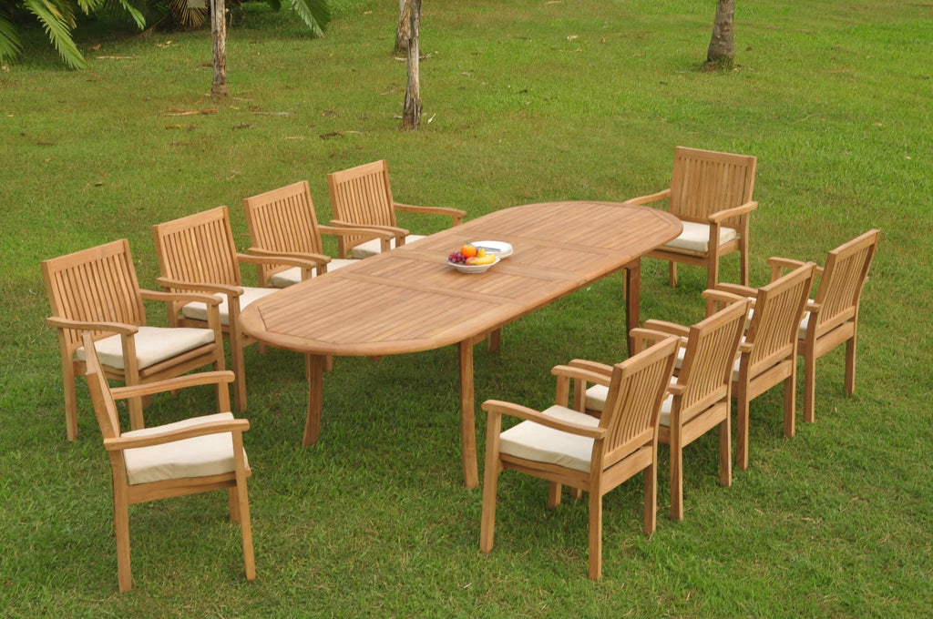11 Pc Teak Dining Set with 118" Oval Table and 10 Stacking Arm Chairs D3609