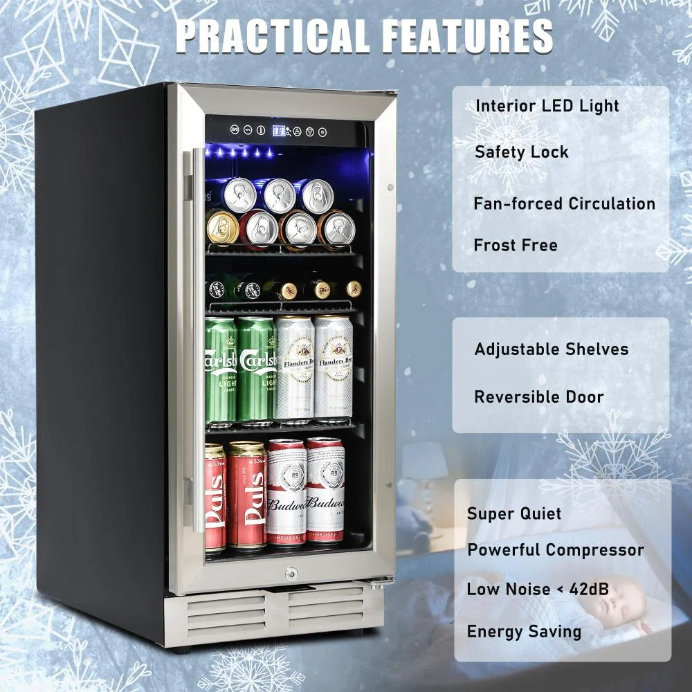 15 Inch Beverage Refrigerator Under Counter Built-in Wine Cooler Mini Fridge Clear Glass Door N288903