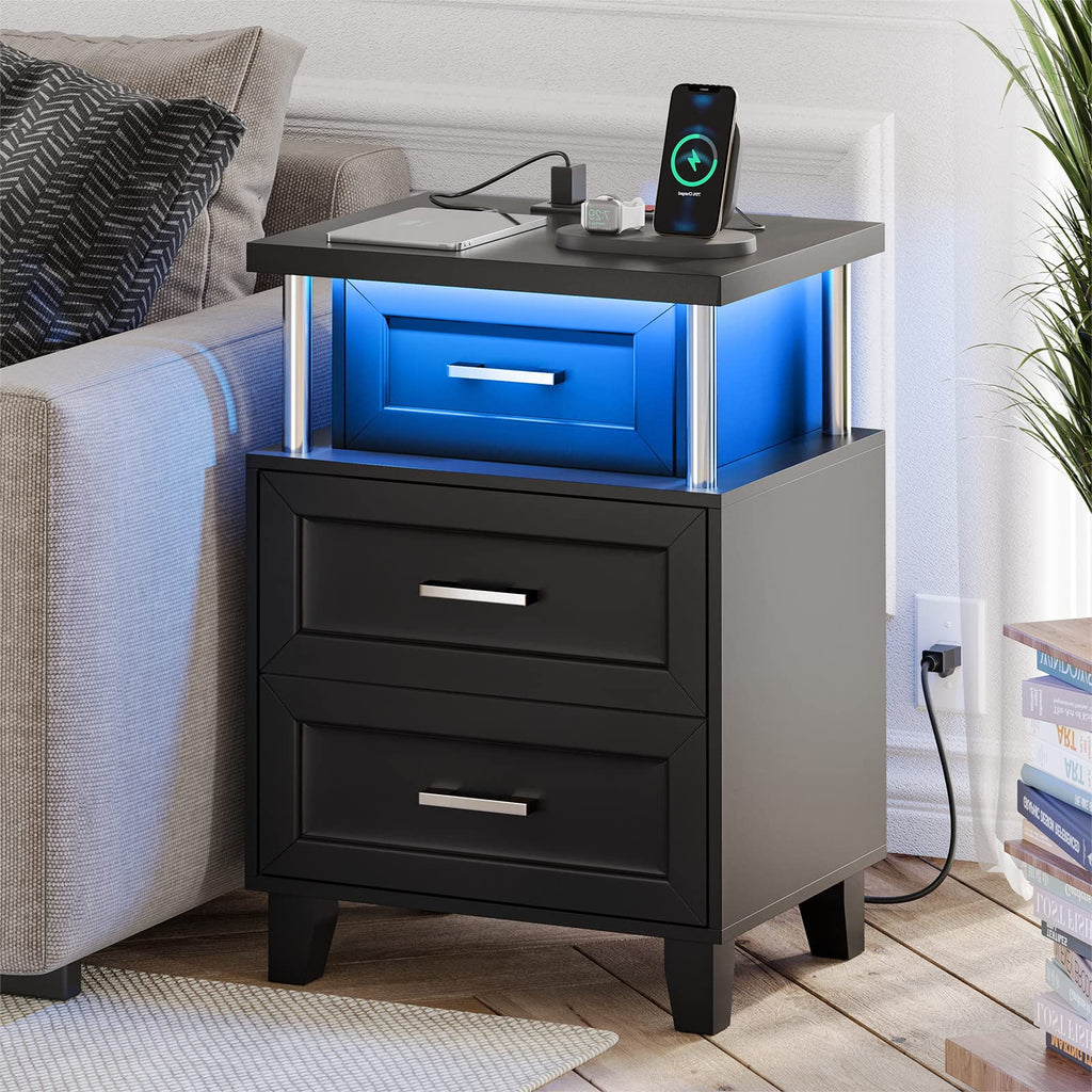 Black LED Nightstand Set of 2 with 3 Drawer U301