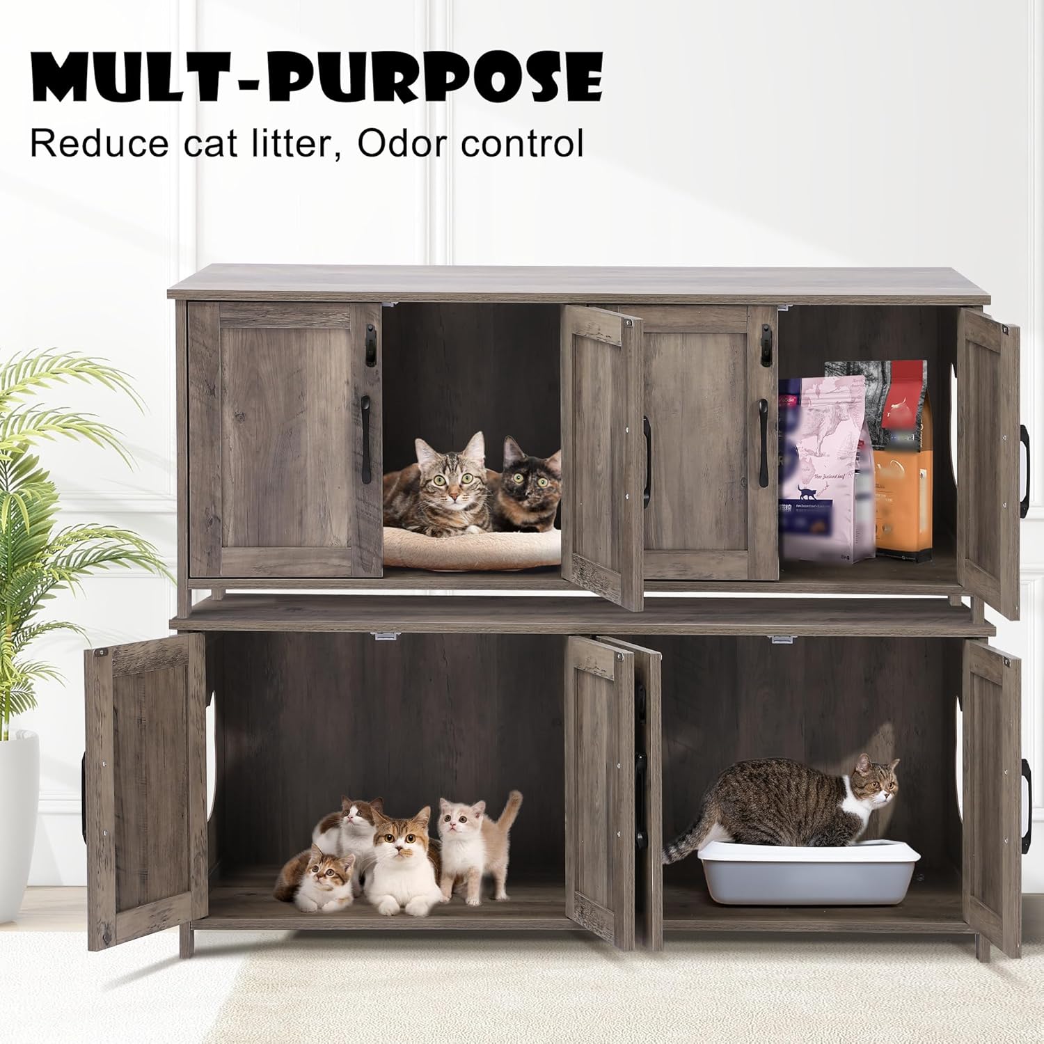 Greige Wooden Cat Litter Box Enclosure with Lockable Door Y80656
