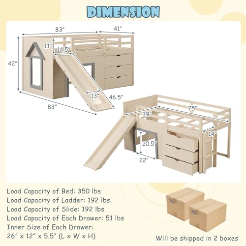 Twin Low Loft Bed with 3 Storage Drawers, Wood Loft Bed with Slide, Ladder, Guardrails E140607