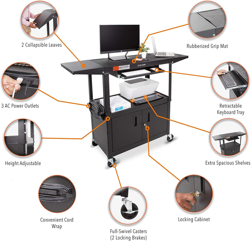 Large AV Cart with Locking Cabinet & Drop Leaves, Height Adjustable Utility Cart, Includes Pullout Keyboard Tray & Cord Management (54in x 18in x 42in / Black) Y6875