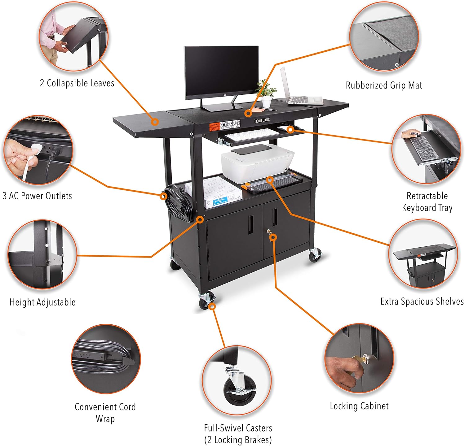 Large AV Cart with Locking Cabinet & Drop Leaves, Height Adjustable Utility Cart, Includes Pullout Keyboard Tray & Cord Management (54in x 18in x 42in / Black) Y6875