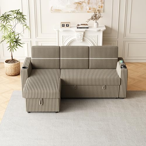 85'' L-Shaped Corduroy Sleeper Sofa with Storage Chaise J59871