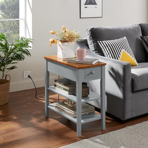 Gray Side Table with Charging Post and Storage Cabinet Q249