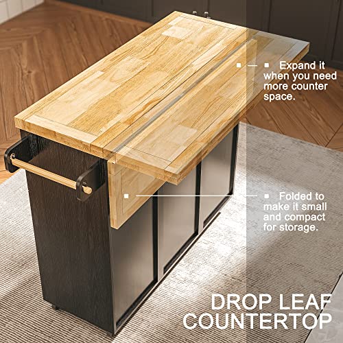 Black Rolling Kitchen Island Cart with Drop-Leaf Countertop, 3 Drawers, Rubberwood Top, on Wheels I767
