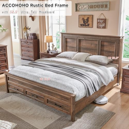 Antique Brown King Size Wood Platform Bed Frame with Headboard and Storage Drawers F960