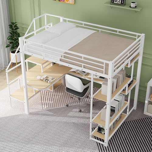 Black Full Size Metal Loft Bed with Storage Staircase and Wardrobe B788211